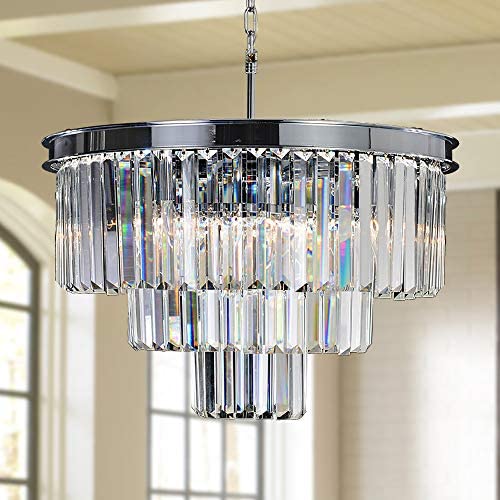 MEELIGHTING Crystal Chrome Chandelier Modern Chandeliers Lighting 8 Lights Pendant Ceiling Light Fixture 3-Tier for Dining Room Living Room Kitchen Island W19.7''