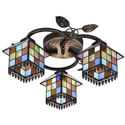 LITFAD Tiffany Ceiling Lamp Chandelier Art Glass Lodge Shade 3-Light Semi Flush Ceiling Fixture with Leaves Accent Distressed Bronze Canopy Ceiling Hanging Light for Living Room Bedroom Hotel