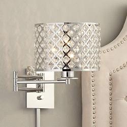 Glitz Modern Swing Arm Wall Lamp Chrome Plug-in Light Fixture Clear Crystal Inserts Lattice Drum Shade for Bedroom Bedside Living Room Reading - Possini Euro Design