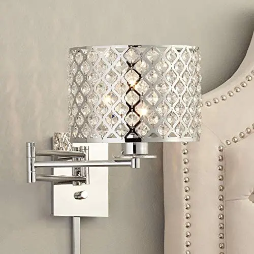 Glitz Modern Swing Arm Wall Lamp Chrome Plug-in Light Fixture Clear Crystal Inserts Lattice Drum Shade for Bedroom Bedside Living Room Reading - Possini Euro Design Glitz Modern Swing Arm Wall Lamp Chrome Plug-in Light Fixture Clear Crystal Inserts Lattice Drum Shade for Bedroom Bedside Living Room Reading - Possini Euro Design