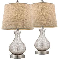 Oneach Table Lamps Set of 2 for Living Room 20'' Modern Glass lamp Gourd Linen Drum Shade for Bedroom Bedside Night Light Lamp Mercury Silver