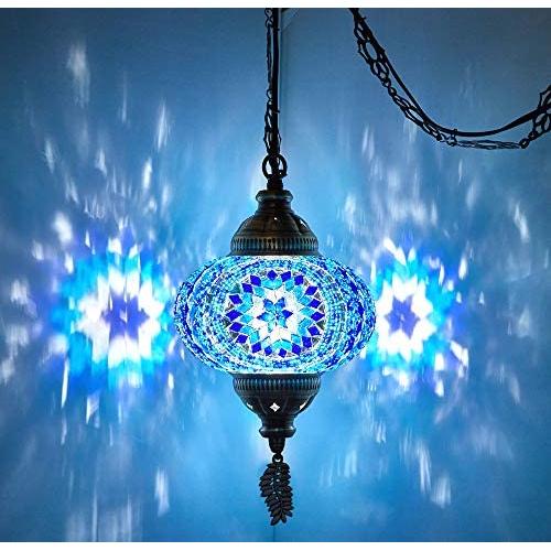 (8 Colors) DEMMEX Turkish Moroccan Mosaic Swag Plug in Pendant Ceiling Hanging Light with 15feet Cord Decorated Chain & North American Plug (Blue - 6'' Diameter)