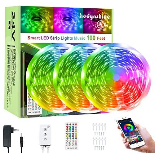 100Ft Smart LED Strip Lights Bluetooth, Hedynshine Dimmable Color Changing by 40Key Remote Controller Ultra Long Strip Lights, Sync to Music Light Strips 100feet