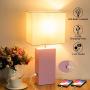 Bedside Touch Control Table Lamp with 2 USB Ports & AC Outlet, 3 Way Dimmable Nightstand Lamps, Pink Metal Base & White Fabric Shade, Modern Desk Light for Bedroom Living Room, 2700K Bulb Included
