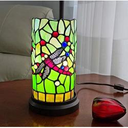 Amora Lighting Tiffany Style Accent Lamp 10'' Tall Stained Glass Yellow Red Dragonfly Floral Vintage Antique Light Decor Nightstand Living Room Bedroom Gift AM1015ACCB, Multicolor