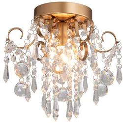 Q&S Mini Chandelier Crystal Ceiling Light ,Small Flush Mount Chandelier,Entryway Bedroom Barthroom Hallway Gold Light Fixture