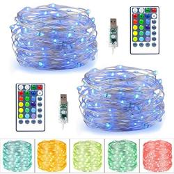 LiyuanQ LED String Lights, 2 Set Multi Color Changing Fairy Lights USB Plug-in Fairy String Lights Remote & Timer, 4 Modes Indoor Decorative Silver Wire Lights Bedroom Party Xmas (16 Colors, 50 LEDs)