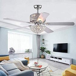 52-Inch Modern Crystal Fan Chandelier Silver with Remote Control Upper Part E12×3 Lower Part E27×3 Suitable for Living Room, Bedroom, Dining Room(Silver 3)