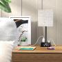 Table Lamp - Bedside Table Lamps with 4 USB Ports and Power Outlets, Alarm Clock Base w/ 6Ft Cord, Square Oatmeal Fabric Lampshade Modern Accent Nightstand Lamps for Bedrooms Living Room Office