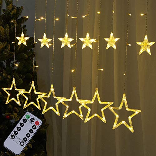 amadecohome Star Curtain Lights, Christmas Decorations with Remote and Timer, 12 Stars 138 LED 8 Modes Fairy String Lights for Wedding,Party,Patio Lawn,Home Decor (Warm White)