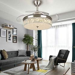 Crystal Ceiling Fan Lights LED Dimmable Chandelier Retractable Fan with Remote Mute Ceiling Fans for Dining Room/Bedroom 42 inch (Silver)