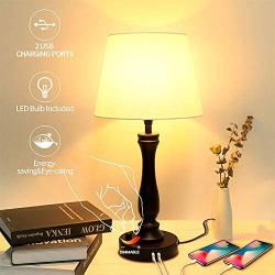 Bedside Lamp with Dual USB Charging Ports, Fully Dimmable Nightstand Lamp Table Lamp 6W 2700K LED Bulb Included, Farmhouse Lamps Fabric Lampshade Desk Lamp for Bedroom Living Room Reading Sleeping