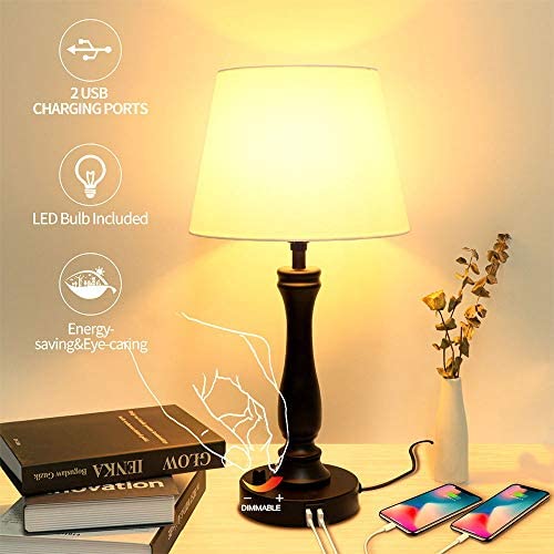 Bedside Lamp with Dual USB Charging Ports, Fully Dimmable Nightstand Lamp Table Lamp 6W 2700K LED Bulb Included, Farmhouse Lamps Fabric Lampshade Desk Lamp for Bedroom Living Room Reading Sleeping