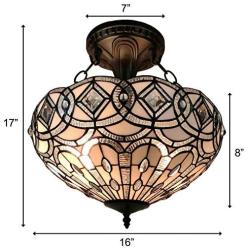 Tiffany Style Lamp Semi Flush 16'' Wide Stained Glass White Mahogany Antique Vintage Light Decor Restaurant Game Living Dining Room Kitchen Gift AM231HL16 Amora Lighting