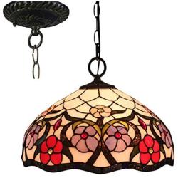 GDLight Tiffany Style Floral Pendant Lamp, 12 Inch Ldyllic Vintage Handmade Flowers Stained Glass Hanging Lights for Dining Room Living Room Bedroom