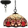 GDLight Tiffany Style Floral Pendant Lamp, 12 Inch Ldyllic Vintage Handmade Flowers Stained Glass Hanging Lights for Dining Room Living Room Bedroom