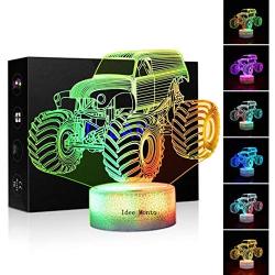 3D Night Lights for Children, Kids Night Lamp, Monster Trucks for Boys, 7 LED Colors Changing Lighting, Car Shape Acrylic Lighting Table Desk Bedroom Decoration, Cool Gifts Ideas Birthday Xmas