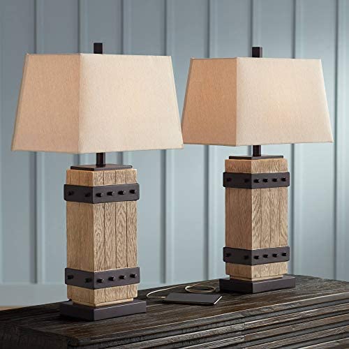 Silas Rustic Table Lamp Set of 2 Faux Wood Faux Iron Off White Tapered Rectangular Shade for Living Room Bedroom Bedside Nightstand Office Family - John Timberland