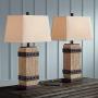 Silas Rustic Table Lamp Set of 2 Faux Wood Faux Iron Off White Tapered Rectangular Shade for Living Room Bedroom Bedside Nightstand Office Family - John Timberland