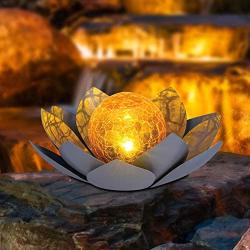 HUAXU Garden Solar Light Outdoor , Amber Crackle Globe Glass Lotus Decoration , Waterproof Gray Metal LED Flower Lights for Patio,Lawn,Walkway,Tabletop,Ground