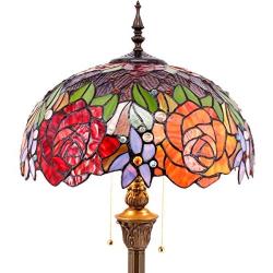 Tiffany Style Floor Standing Lamp W16H64 Inch Tall Stained Glass Red Rose Shade 2E26 Antique Read Lighting Resin Base S001 WERFACTORY LAMPS Bedroom Living Room Bedside Coffee Table Bookcase Lover Gift