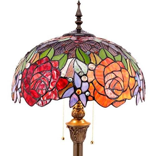 Tiffany Style Floor Standing Lamp W16H64 Inch Tall Stained Glass Red Rose Shade 2E26 Antique Read Lighting Resin Base S001 WERFACTORY LAMPS Bedroom Living Room Bedside Coffee Table Bookcase Lover Gift