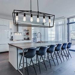 6 Light BONLICHT Farmhouse Kitchen Island Dining Room Chandelier,Matte Black Metal Rectangle Pendant Lighting Cage Ceiling Hanging Light Fixture for Bedroom Dining Room Kitchen Bar