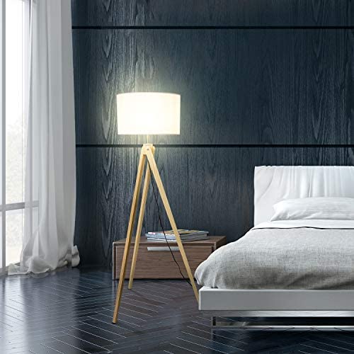 Floor Lamp-Wood Tripod Floor Lamp, Mid Century Standing Reading Light for Living Room, Bedroom, Study Room and Office, Modern Design, Flaxen Lamp Shade with E26 Lamp Base （Shopping from USA）