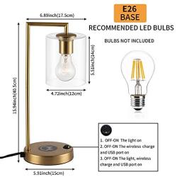 Desk Lamp Wireless Charging Pad and USB Port Charge Mobile Phones Living Room Table Light for Midcentury, Office Industrial & Farmhouse Decor - Hanging Glass Shade Gold