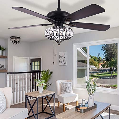 Crystal Ceiling Fan With Light Chandeliers Fan Light 52'' Modern Lamp Walnut Fan Light Indoor Ceiling Fan for Living Room,Bedroom,Pull Chain Control