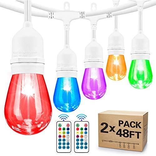 2-Pack 48FT Outdoor RGB String Lights, LED Colorful Dimmable String Lights with 30+5 E26 S14 Edison Bulbs, Commercial Waterproof Patio Café Backyard Garden Remote Hanging Lights, White Cords, 96FT