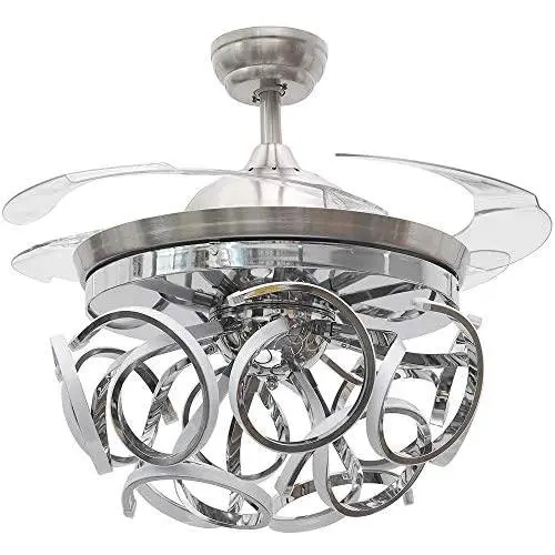 TiptonLight Modern Folding Ceiling Fans with Lights, 42 Inch LED Ceiling Fan with Light and Remote Control Crystal Chandelier Chrome Light Dining Room Decorative