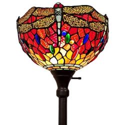 Amora Lighting Tiffany Style Floor Lamp Torchiere Torch Standing 72'' Tall Stained Glass Red Yellow White Dragonfly Antique Vintage Light Decor Bedroom Living Room Reading Gift AM040FL14B, Multicolor