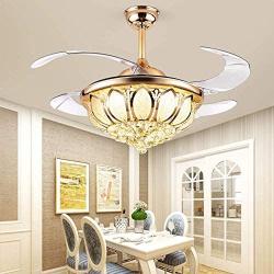 TFCFL 42 Inch Ceiling Fan with Light, Crystal Invisible Chandelier with Remote Control Retractable Blades Dimmable Pendant Lighting Fixture for Decorate Living Room Dining Room Restaurant (Gold)