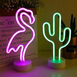 LED Cactus and Flamingo Neon Signs Lights with Holder Base Decorative Marquee Signs Light Battery Operated Night Lights for Living Room Bedroom Christmas Party Supplies Kids Toys Birthday Gifts