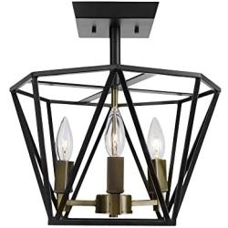 Sansa 3-Light Semi-Flush Mount Ceiling Light, Dark Bronze Finish, Antique Brass Accents,65979