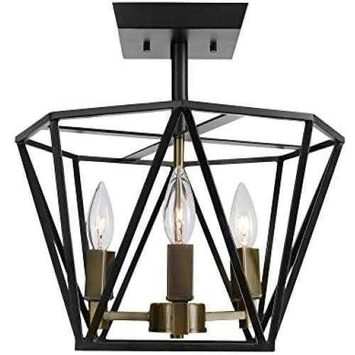 Sansa 3-Light Semi-Flush Mount Ceiling Light, Dark Bronze Finish, Antique Brass Accents,65979