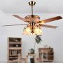 RainierLight Modern Gold Ceiling Fan Remote Control 5 Reversible Metal Blades 5 Frosted Glass Cover for Indoor/Bedroom/Living Room LED Fan Chandelier Mute Fan 52 Inch/Quiet