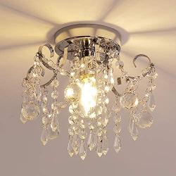 Q&S Mini Crystal Chandelier, Small Chandelier Ceiling Lights, Modern Chrome Flush Mount Ceiling Light Fixture for Hallway, Entryway, Bedroom, Foyer, Bathroom, Kitchen, W9.5'',1 Light E12.