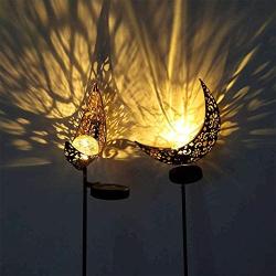 Solar Garden Lights - Solar Lights Outdoor Decorative - Moon Crackle Glass Globe Stake Metal Lights,Waterproof Warm White LED for Lawn,Patio or Courtyard