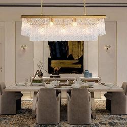 Rectangle Crystal Chandelier, Siljoy Modern Luxury 9-Lights Rectangular Gold Pendant Ceiling Light Restaurant lamp Fixture for Dining Room Kitchen Island, L40'' x W14'' x H12''