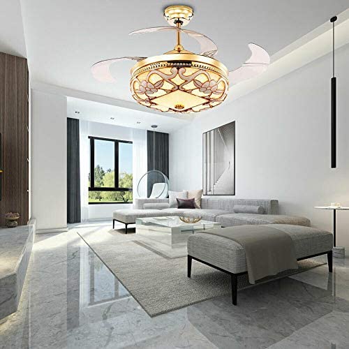 42 Inch Carved Art Gold Modern Crystal Ceiling Fan Light LED 3 Color 4 Blade Retractable Ceiling Fan with Light and Remote Control Silent Fan Chandelier Living Room Bedroom Dining Room