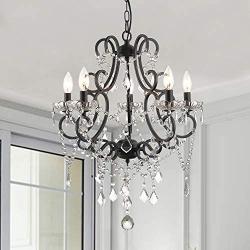 Modern Crystal Chandeliers with 5 Lights Pendant Light with Crystal Drops,Ceiling Light Fixture for Dining Room, Bedroom, Living Room (Black)