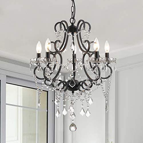 Modern Crystal Chandeliers with 5 Lights Pendant Light with Crystal Drops,Ceiling Light Fixture for Dining Room, Bedroom, Living Room (Black)