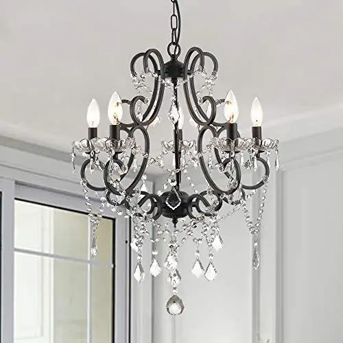 Modern Crystal Chandeliers with 5 Lights Pendant Light with Crystal Drops,Ceiling Light Fixture for Dining Room, Bedroom, Living Room (Black)