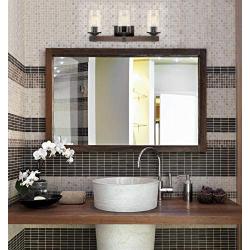 Kira Home Brentwood 22.5'' 3-Light Farmhouse Vanity/Bathroom Light + Seeded Glass Shades, Black + Wood Style Walnut Finish