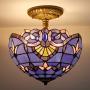 Tiffany Ceiling Fixture W12H11 Inch Semi Flush Mount Light Blue Purple Lavender Stained Glass Baroque Shade WERFACTORY Lamps Kid Living Room Bedroom (S003C Series) Tiffany Ceiling Fixture W12H11 Inch Semi Flush Mount Light Blue Purple Lavender Stained Glass Baroque Shade WERFACTORY Lamps Kid Living Room Bedroom (S003C Series)