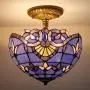 Tiffany Ceiling Fixture W12H11 Inch Semi Flush Mount Light Blue Purple Lavender Stained Glass Baroque Shade WERFACTORY Lamps Kid Living Room Bedroom (S003C Series)