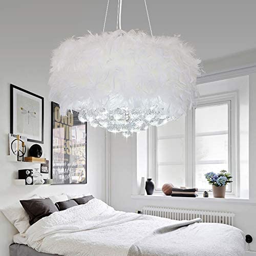 CraftThink Pendant Light Hanging Lamp Rustic Drum Light Fixture, Clear Crystal and Feather Chandelier 3 Lights for Dining Living Room Bedroom Restaurant Hotel (Color: White, Size: 18 inch)