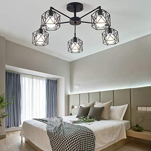 LITFAD Black Armed Surface Mount Light with Hexagon Metal Cage Industrial 5 Lights Ceiling Flush Mount Vintage Ceiling Lamp Chandelier for Dining Room Living Room Bar Restaurant LITFAD Black Armed Surface Mount Light with Hexagon Metal Cage Industrial 5 Lights Ceiling Flush Mount Vintage Ceiling Lamp Chandelier for Dining Room Living Room Bar Restaurant